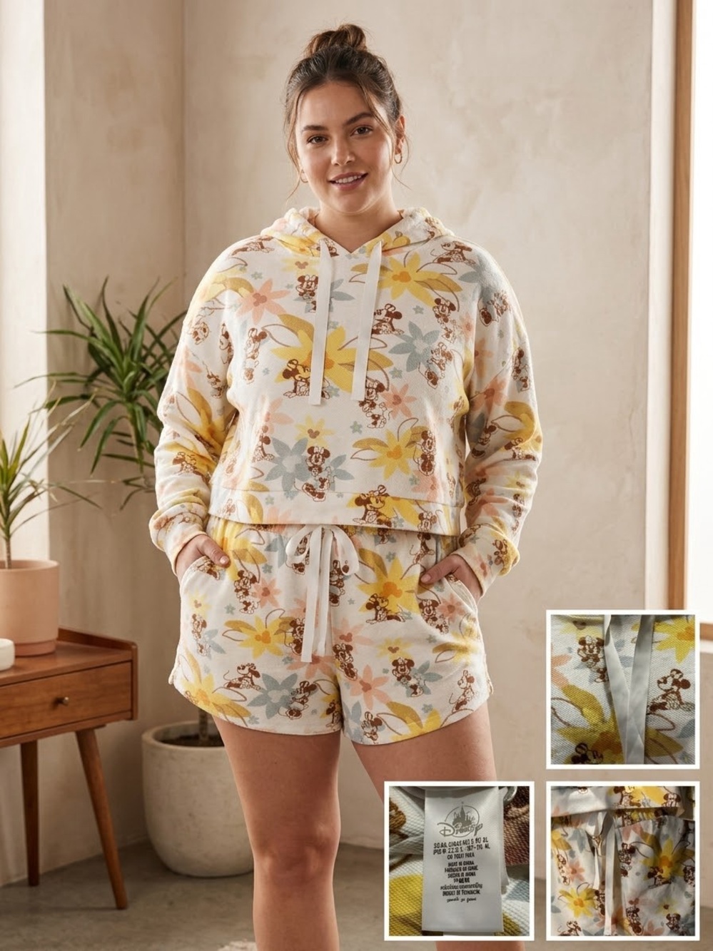Disney Cream Hooded Pullover with Yellow Floral & Brown Character Print